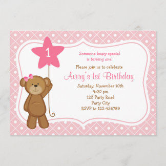 Bär Geburtstag Einladungen - Mädchen 1. Geburtstag