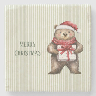 Bär Geschenk Hut Grün Weiß Streifen Weihnachten Steinuntersetzer