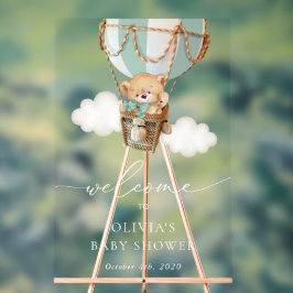 Bär, grüner Heißluftballon, Babydusche Willkommen Acrylschild