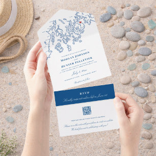 Bar Harbor Elegante Navy QR Hochzeit All In One Einladung