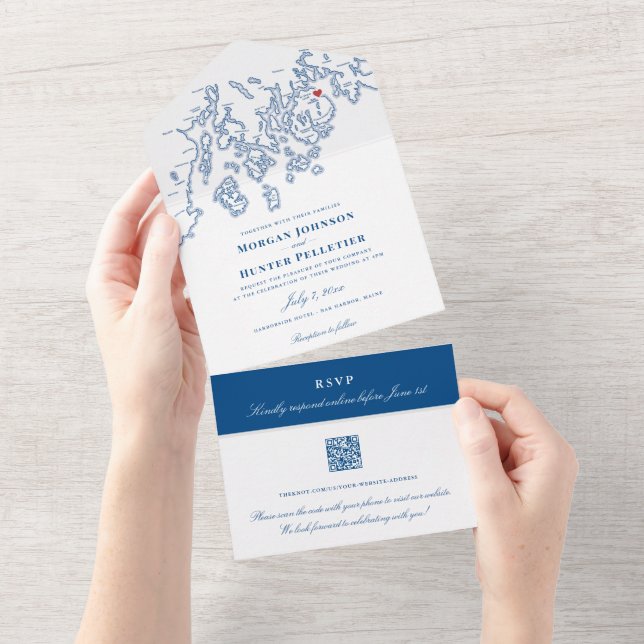 Bar Harbour Elegant Navy QR Hochzeit All In One Einladung (Abreißen)