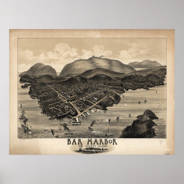 Bar Harbour Maine 1886 Antik Panoramablick Karte Poster (Vorne)
