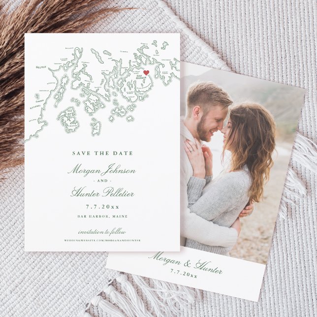 Bar Harbour Maine Carte Hunter Green Photo (Bar Harbor Maine Map Elegant 5x7 Photo Save the Date in hunter green from Penobscot Bay Shop)