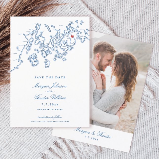 Bar Harbour Maine Carte Marine Photo Bleu (Bar Harbor Maine Map Elegant 5x7 Photo Save the Date in navy blue from Penobscot Bay Shop)