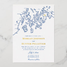 Bar Harbour Maine Wedding Elegant Navy und Gold Folieneinladung