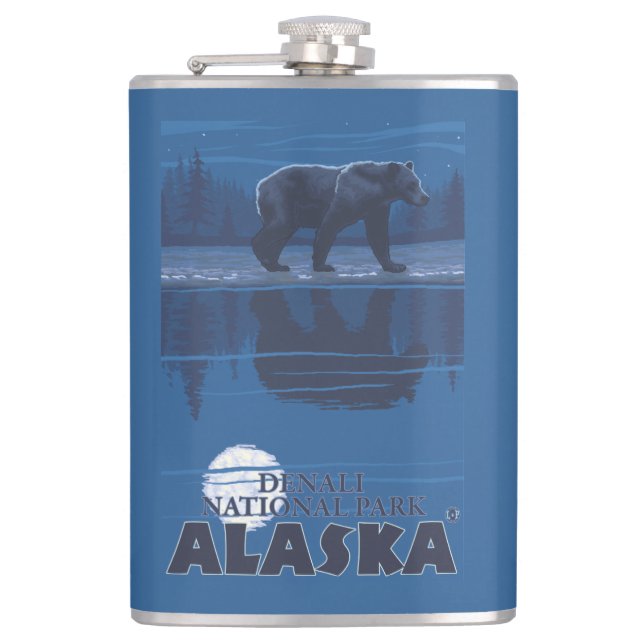 Bär im Mondschein - Denali Nationalpark, Alaska Flachmann (Vorderseite)