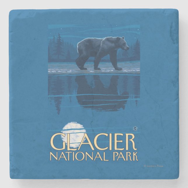 Bär im Mondschein - Glacier Nationalpark, M.Ü. Steinuntersetzer (Vorderseite)