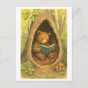 Bär im Vintage-Stil beim Lesen in einem Baum Postkarte