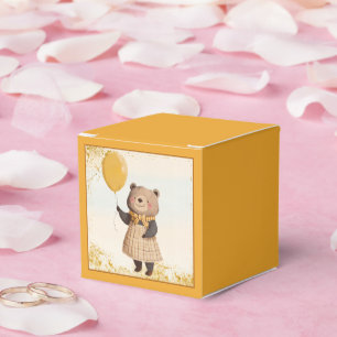Bär in gelbem Kariertes Kleid mit gelbem Ballon Geschenkschachtel