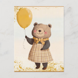 Bär in gelbem Kariertes Kleid mit gelbem Ballon Postkarte