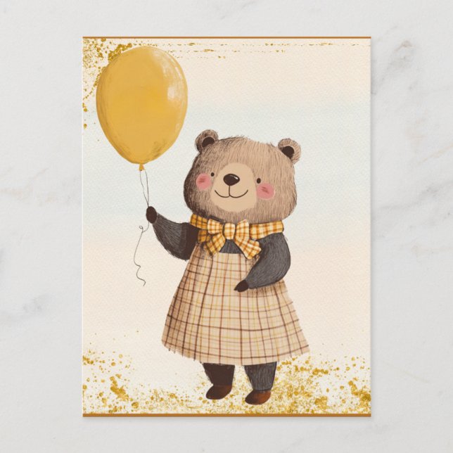 Bär in gelbem Kariertes Kleid mit gelbem Ballon Postkarte (Vorderseite)