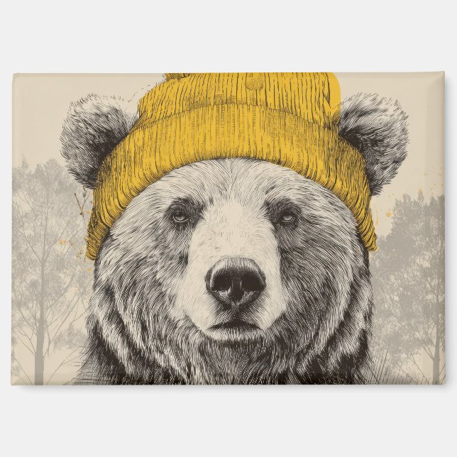 Bär in gelber Mütze, rustikales Waldtier  Magnet (Vorderseite)