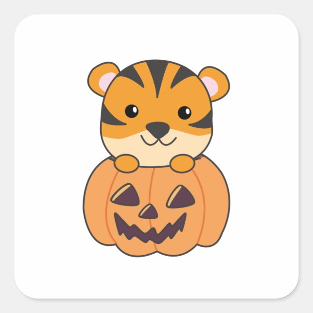 Bär in Pumpkin Orange Tiger Halloween Haircat Quadratischer Aufkleber (Vorderseite)