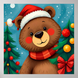 Bär in Weihnachtsmannmütze unter den Weihnachtsbäu Poster