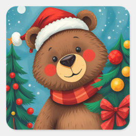 Bär in Weihnachtsmannmütze unter den Weihnachtsbäu Quadratischer Aufkleber