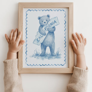 Bär Kalifornien Karte Kinderzimmer Blau Wandkunst  Poster