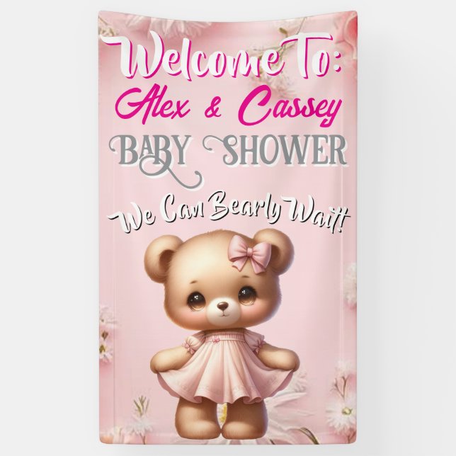 Bär Mädchen Baby Shower Banner (Vertikal)