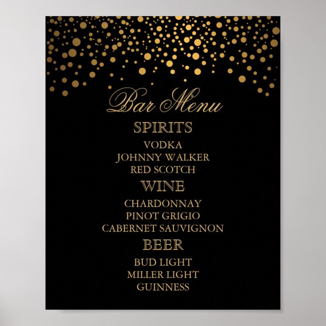 Bar Menu - Goldfetti-Punkte auf schwarz Poster (Vorne)