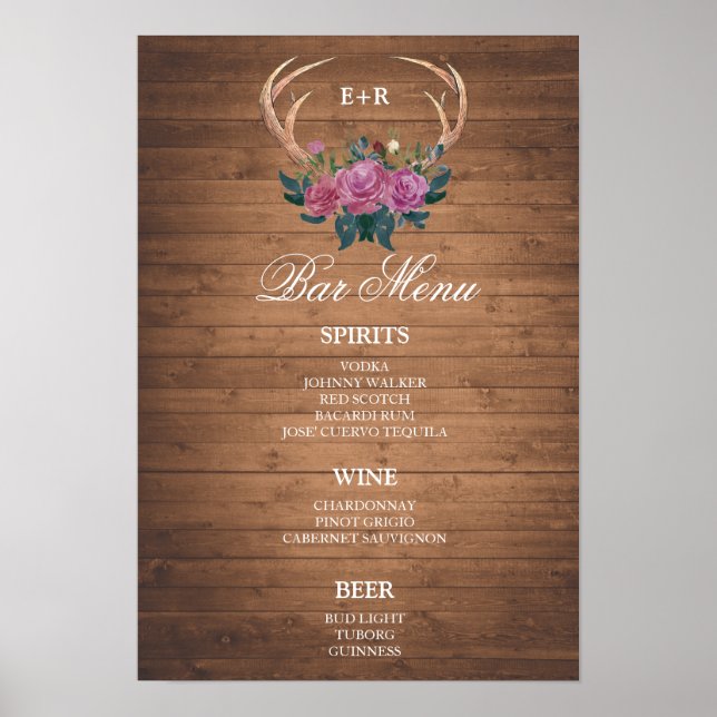 BAR MENU Großes Zeichen | Hirschantler | Hochzeits Poster (Vorne)