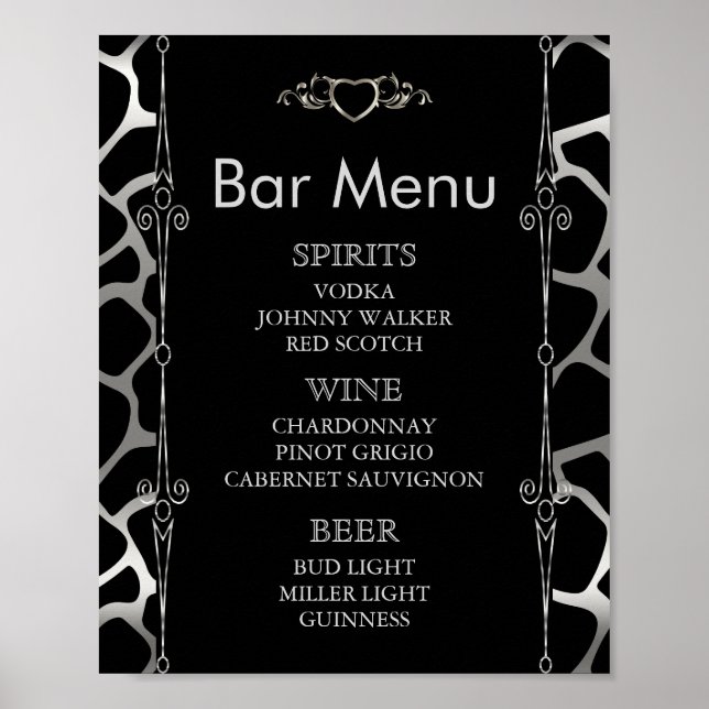 Bar Menu - Hochzeit in Silver & Black Giraffe Poster (Vorne)