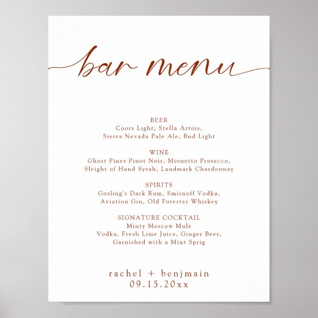 Bar-Menü Hochzeit Terrakotta Rost Herbst Minimal Poster (Vorne)
