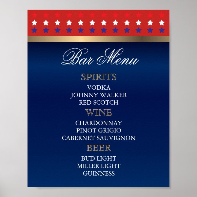 Bar Menu - Patriotische Amerikanische Hochzeit Poster (Vorne)