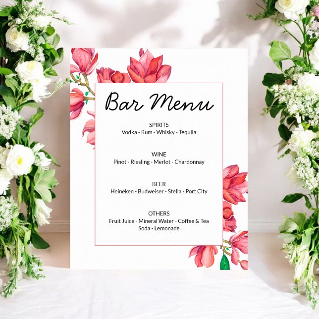 Bar Menu Pink White Floral Sign Poster (Von Creator hochgeladen)