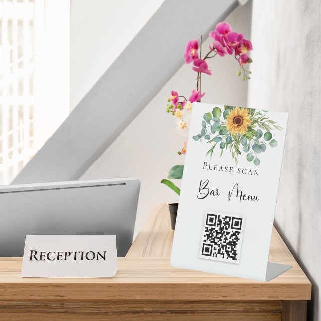 Bar menu QR Code Sonnenblumen Eukalyptusgrün Sockelschild (Von Creator hochgeladen)