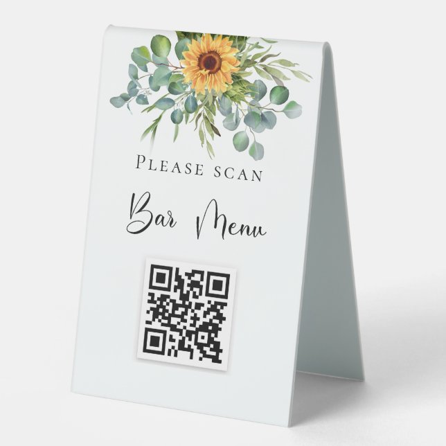 Bar menu QR Code Sonnenblumen Eukalyptusgrün Tischaufsteller (Vorderseite)