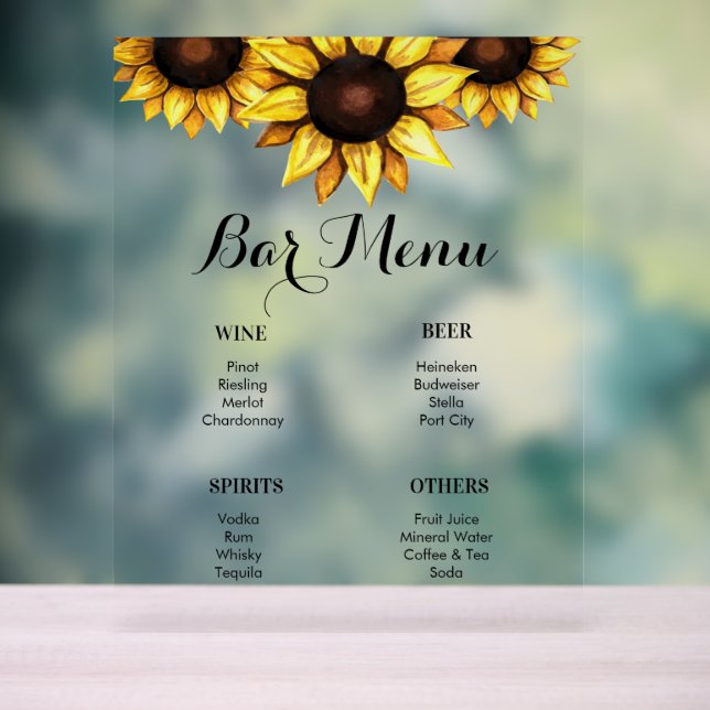Bar Menu Sunflower Hochzeitgelb Acrylschild (Neutral)
