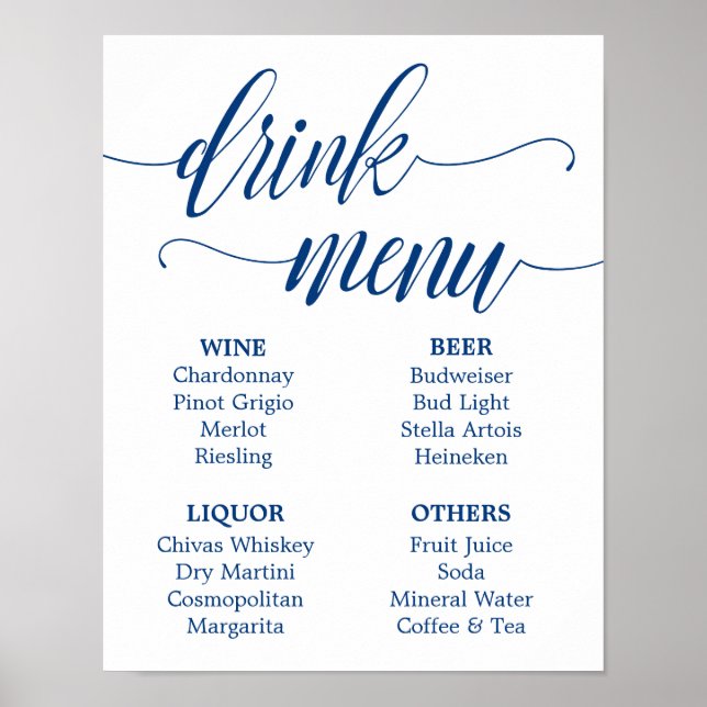 Bar Menu Wedding Sign Navy Blue Calligraphy Poster (Vorne)