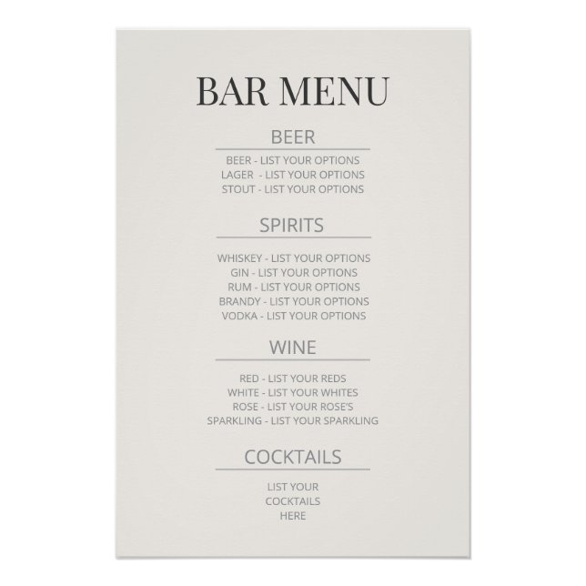  ‘Bar Menu’ Wedding Sign | Warm Ivory Poster (Vorderseite)