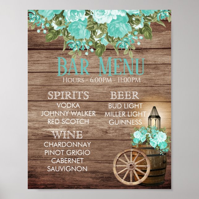 Bar Menu - Wetterbedrucktes Holzgeländer - Aquamar Poster (Vorne)