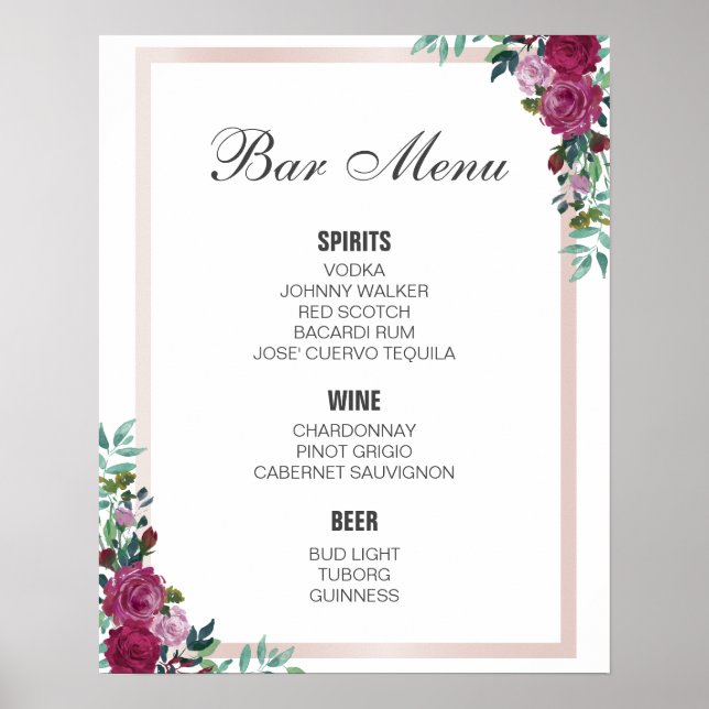 BAR MENU-Zeichen | Bordeaux | Hochzeitsfeier Bar Poster (Vorne)