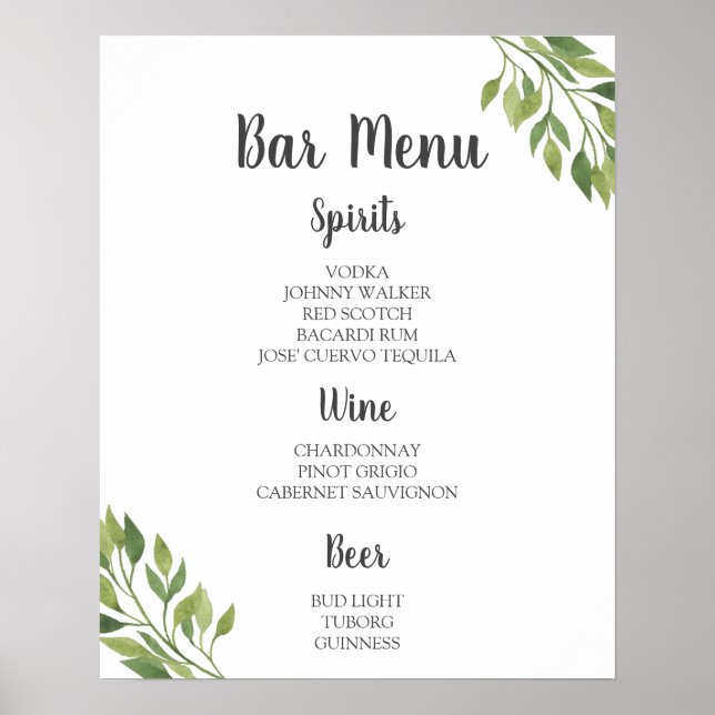 BAR MENU-Zeichen | botanische Hochzeitsfeier im Gr Poster (Vorne)