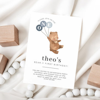 Bär mit 3 blauen Balloons 1. Geburtstagseinladung Einladung