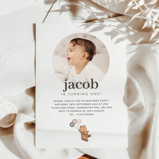 Bär mit 3 Braunen Balloons - Foto Geburtstag Einladung (Bear with 3 Brown Balloons - Photo Birthday Invitation)