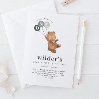 Bär mit 3 grünen Balloons 1. Geburtstagseinladung Einladung