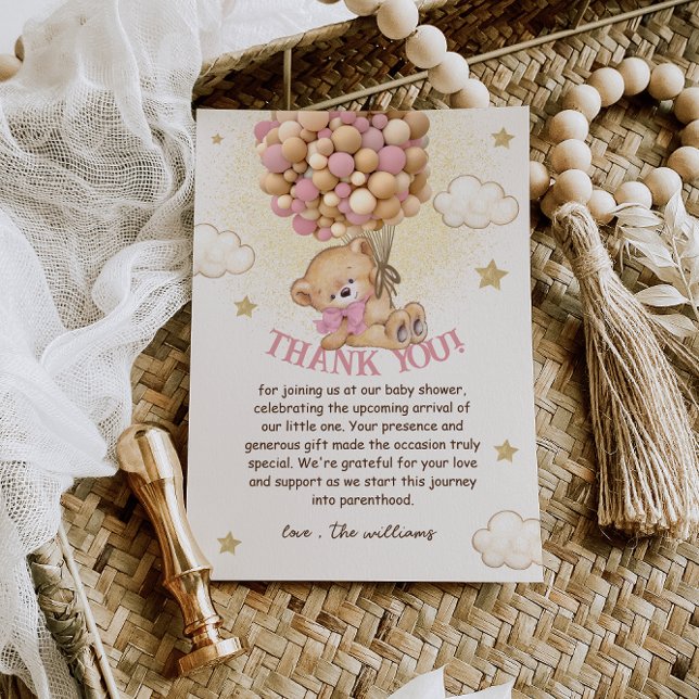 Bär mit Balloons Beige Pink Babydusche Dankeskarte (Von Creator hochgeladen)