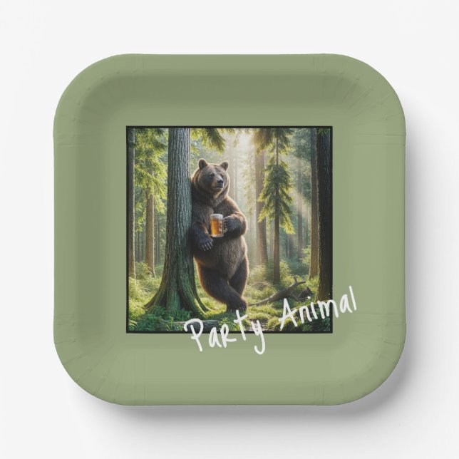 Bär mit Birthday Beer Pappteller (Vorderseite)