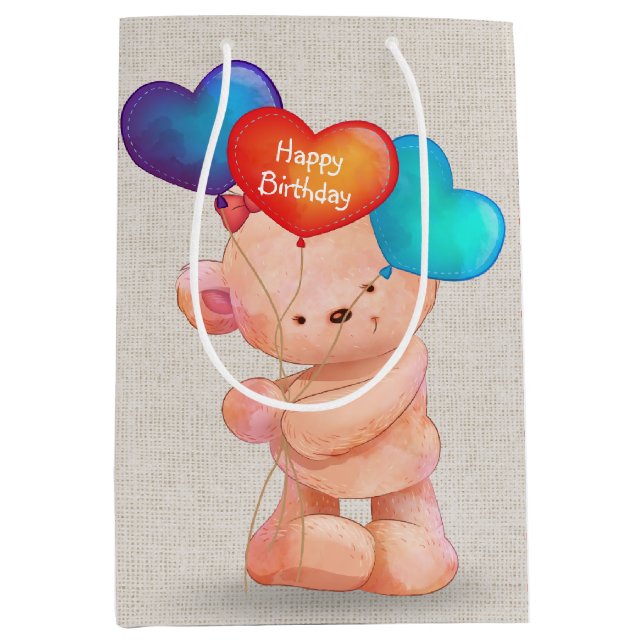 Bär mit Birthday Heart Balloons Mittlere Geschenktüte (Vorderseite)