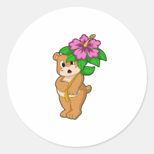 Bär mit Blume Hibiskus Runder Aufkleber