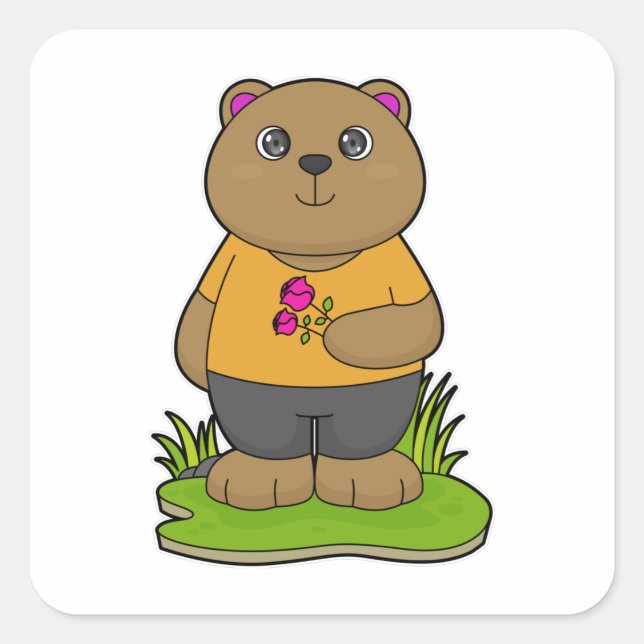 Bär mit Blume Quadratischer Aufkleber (Vorderseite)