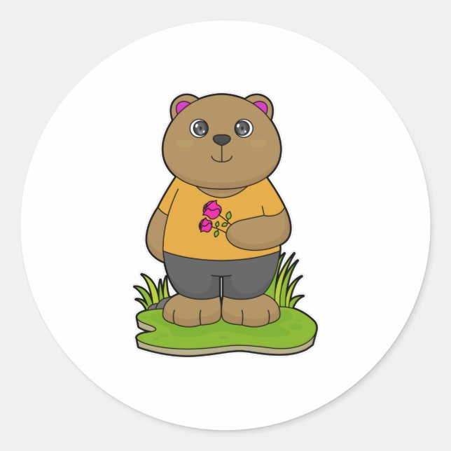 Bär mit Blume Runder Aufkleber (Vorderseite)