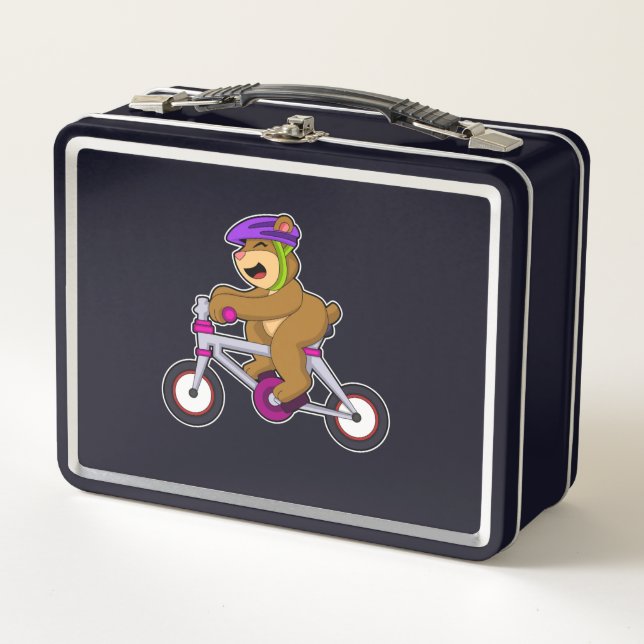 Bär mit Fahrrad und Helm Metall Brotdose (Vorderseite)
