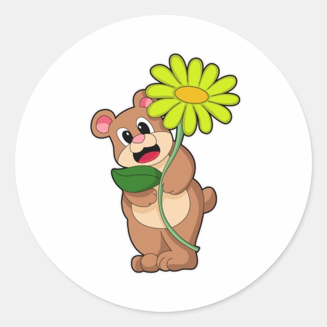 Bär mit gelber Blume Runder Aufkleber (Vorderseite)