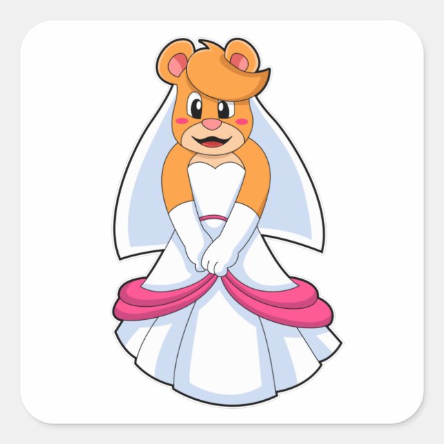 Bär mit Hochzeitskleid & Schleier Quadratischer Aufkleber (Vorderseite)