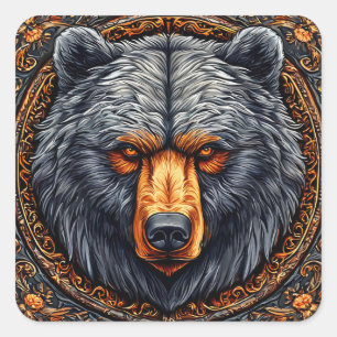 Bär mit Verzierter Blumendekoration Quadratischer Aufkleber