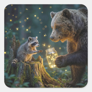 Bär mit Waschbär und Glühwürchen in einem Glas Quadratischer Aufkleber