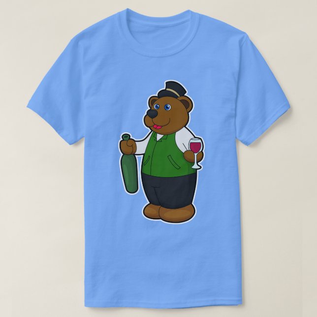 Bär mit Weinglas Weinflasche T-Shirt (Design vorne)
